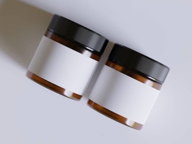 Amber Glass Kozmetik kavanozu. Gerçekçi deseni boş. Etiket beyaz.