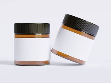 Amber Glass Kozmetik kavanozu. Gerçekçi deseni boş. Etiket beyaz.