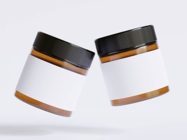 Amber Glass Kozmetik kavanozu. Gerçekçi deseni boş. Etiket beyaz.