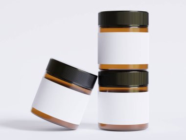 Amber Glass Kozmetik kavanozu. Gerçekçi deseni boş. Etiket beyaz.