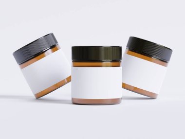 Amber Glass Kozmetik kavanozu. Gerçekçi deseni boş. Etiket beyaz.