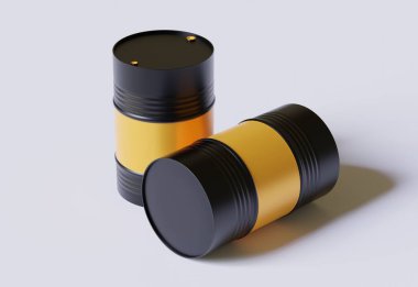 Davul konteynırı petrol endüstrisi. Dökülmüş ham petrol birikintisinin üzerinde yağ damlası etiketi olan altın ve siyah variller. Resim nesnesi beyaz arkaplanda izole edildi