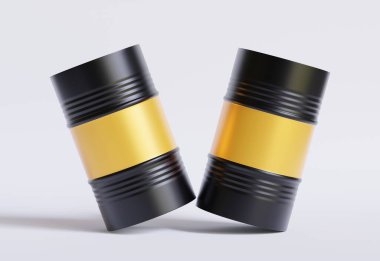 Davul konteynırı petrol endüstrisi. Dökülmüş ham petrol birikintisinin üzerinde yağ damlası etiketi olan altın ve siyah variller. Resim nesnesi beyaz arkaplanda izole edildi