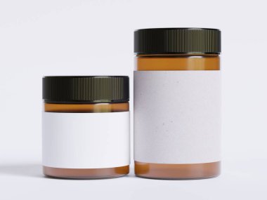 Amber Glass Kozmetik kavanozu. Gerçekçi deseni boş. Etiket beyazı.