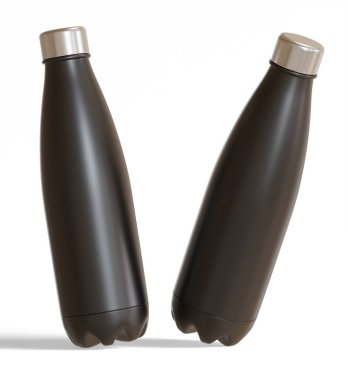 Beyaz arkaplanda izole edilmiş su şişesi, metalik desenli 3 boyutlu resimleme