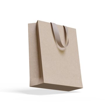 Kahverengi renkli gerçekçi kağıt desenli alışveriş torbası beyaz arkaplan resimleme 3D görüntüleme