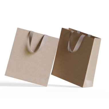 Kahverengi renkli gerçekçi kağıt desenli alışveriş torbası beyaz arkaplan resimleme 3D görüntüleme