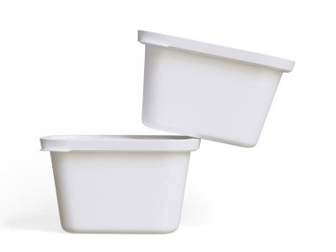 Beyaz arkaplanda 3 boyutlu illüstrasyon oluşturan modelleme koleksiyonu için gerçekçi plastik kap ambalajı veya plastik yiyecek