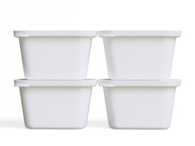Beyaz arkaplanda 3 boyutlu illüstrasyon oluşturan modelleme koleksiyonu için gerçekçi plastik kap ambalajı veya plastik yiyecek