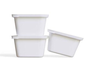 Beyaz arkaplanda 3 boyutlu illüstrasyon oluşturan modelleme koleksiyonu için gerçekçi plastik kap ambalajı veya plastik yiyecek