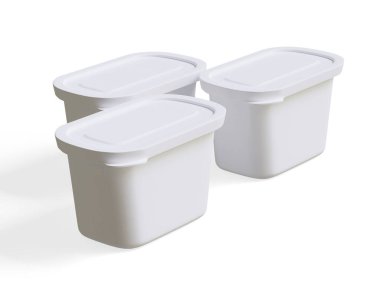 Beyaz arkaplanda 3 boyutlu illüstrasyon oluşturan modelleme koleksiyonu için gerçekçi plastik kap ambalajı veya plastik yiyecek