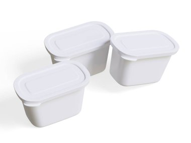Beyaz arkaplanda 3 boyutlu illüstrasyon oluşturan modelleme koleksiyonu için gerçekçi plastik kap ambalajı veya plastik yiyecek