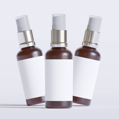 Cam şişe kozmetik hazırlama 3 boyutlu etiketli ve beyaz renkli gerçekçi desenli yazılım çizimi