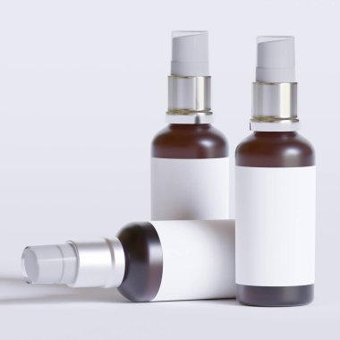 Cam şişe kozmetik hazırlama 3 boyutlu etiketli ve beyaz renkli gerçekçi desenli yazılım çizimi