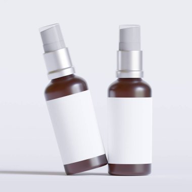 Cam şişe kozmetik hazırlama 3 boyutlu etiketli ve beyaz renkli gerçekçi desenli yazılım çizimi