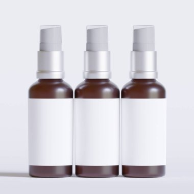 Cam şişe kozmetik hazırlama 3 boyutlu etiketli ve beyaz renkli gerçekçi desenli yazılım çizimi