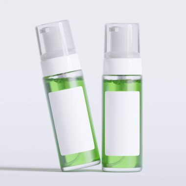 Cam şişe kozmetik hazırlama 3 boyutlu etiketli ve beyaz renkli gerçekçi desenli yazılım çizimi
