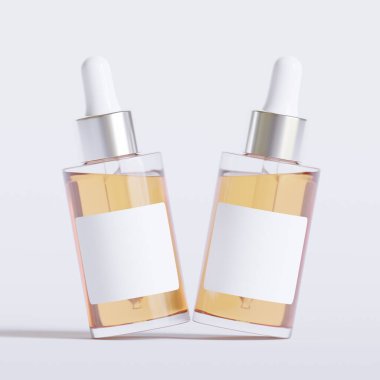 Cam şişe kozmetik hazırlama 3 boyutlu etiketli ve beyaz renkli gerçekçi desenli yazılım çizimi