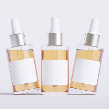 Cam şişe kozmetik hazırlama 3 boyutlu etiketli ve beyaz renkli gerçekçi desenli yazılım çizimi