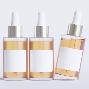 Cam şişe kozmetik hazırlama 3 boyutlu etiketli ve beyaz renkli gerçekçi desenli yazılım çizimi