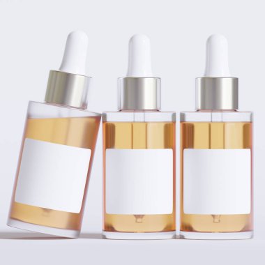 Cam şişe kozmetik hazırlama 3 boyutlu etiketli ve beyaz renkli gerçekçi desenli yazılım çizimi