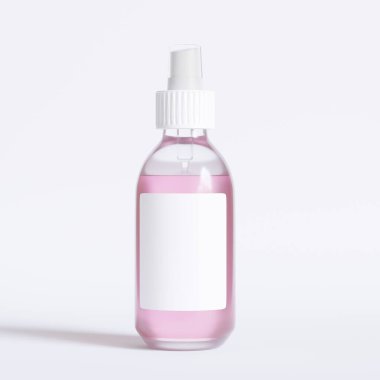 Cam şişe kozmetik hazırlama 3 boyutlu etiketli ve beyaz renkli gerçekçi desenli yazılım çizimi