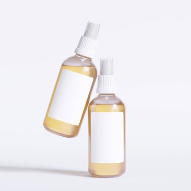 Cam şişe kozmetik hazırlama 3 boyutlu etiketli ve beyaz renkli gerçekçi desenli yazılım çizimi