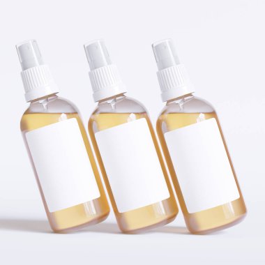 Cam şişe kozmetik hazırlama 3 boyutlu etiketli ve beyaz renkli gerçekçi desenli yazılım çizimi