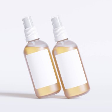 Cam şişe kozmetik hazırlama 3 boyutlu etiketli ve beyaz renkli gerçekçi desenli yazılım çizimi