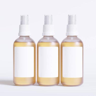 Cam şişe kozmetik hazırlama 3 boyutlu etiketli ve beyaz renkli gerçekçi desenli yazılım çizimi