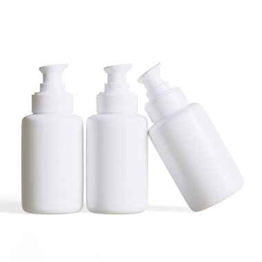 Gerçekçi kozmetik pompası. Beyaz renkte, üç boyutlu resimleme, havasız pompa şişesi serumu ya da beyaz tüp modeli.