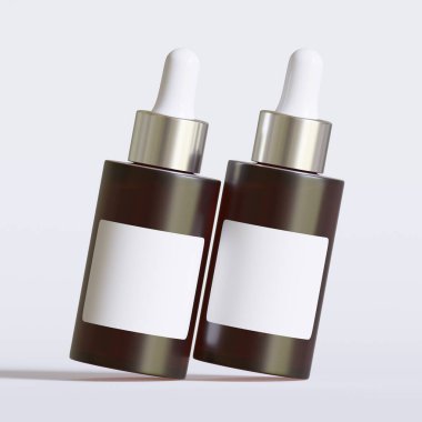Beyaz Arkaplan 'da izole edilmiş, beyaz renkli gerçekçi desenli Amber Dropper Şişe Mockup. 3B Görüntü