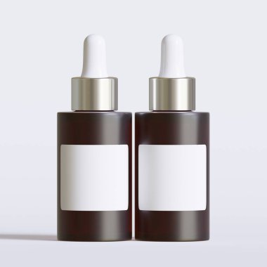 Beyaz Arkaplan 'da izole edilmiş, beyaz renkli gerçekçi desenli Amber Dropper Şişe Mockup. 3B Görüntü