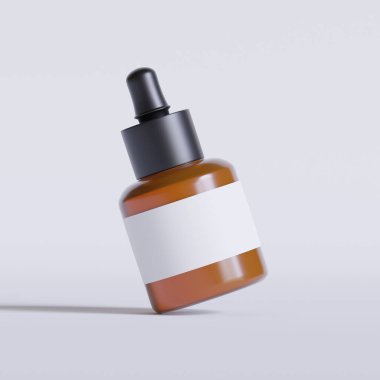 Beyaz arkaplanda serum şişesi kahverengi ve beyaz etiket 3D Görüntü