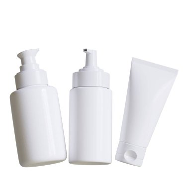 Kozmetik şişe kremi ya da pompa dağıtıcısı beyaz arka planda izole edilmiş bir kap. Plastik krem tüpü. Kozmetik ambalaj çizim taklit