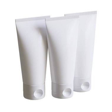 Kozmetik şişe kremi ya da pompa dağıtıcısı beyaz arka planda izole edilmiş bir kap. Plastik krem tüpü. Kozmetik ambalaj çizim taklit