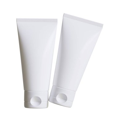 Kozmetik şişe kremi ya da pompa dağıtıcısı beyaz arka planda izole edilmiş bir kap. Plastik krem tüpü. Kozmetik ambalaj çizim taklit
