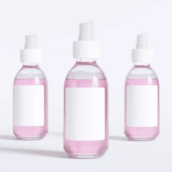 Ilustración Software Procesamiento Cosmético Botellas Vidrio Con Etiqueta Textura Realista —  Fotos de Stock