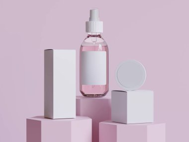 Gerçekçi kozmetik şişesi. Güzellik ürünleri seti, plastik şişe çizimi boş. Podiun 3D 'de sprey şişesi, krem tüpü ve kavanoz modeli koleksiyonu. Etiketleme için spa hijyen nesnesini temizle