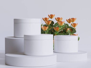 Gerçekçi kozmetik şişesi. Güzellik ürünleri seti, plastik şişe çizimi boş. Podiun 3D 'de sprey şişesi, krem tüpü ve kavanoz modeli koleksiyonu. Etiketleme için spa hijyen nesnesini temizle