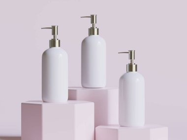 Gerçekçi kozmetik şişesi. Güzellik ürünleri seti, plastik şişe çizimi boş. Podiun 3D 'de sprey şişesi, krem tüpü ve kavanoz modeli koleksiyonu. Etiketleme için spa hijyen nesnesini temizle