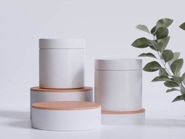 Gerçekçi kozmetik şişesi. Güzellik ürünleri seti, plastik şişe çizimi boş. Podiun 3D 'de sprey şişesi, krem tüpü ve kavanoz modeli koleksiyonu. Etiketleme için spa hijyen nesnesini temizle