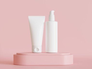 Gerçekçi kozmetik şişesi. Güzellik ürünleri seti, plastik şişe çizimi boş. Podiun 3D 'de sprey şişesi, krem tüpü ve kavanoz modeli koleksiyonu. Etiketleme için spa hijyen nesnesini temizle