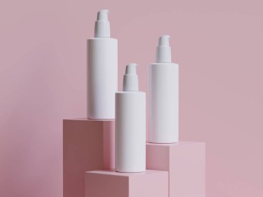 Gerçekçi kozmetik şişesi. Güzellik ürünleri seti, plastik şişe çizimi boş. Podiun 3D 'de sprey şişesi, krem tüpü ve kavanoz modeli koleksiyonu. Etiketleme için spa hijyen nesnesini temizle