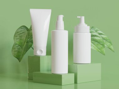 Gerçekçi kozmetik şişesi. Güzellik ürünleri seti, plastik şişe çizimi boş. Podiun 3D 'de sprey şişesi, krem tüpü ve kavanoz modeli koleksiyonu. Etiketleme için spa hijyen nesnesini temizle