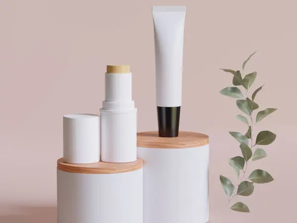 Realistic cosmetic bottle. Beauty product container set, plastic bottle illustration blank. spray bottle, cream tube and jar mockup collection on the podiun 3D. Clear spa hygiene object for label branding