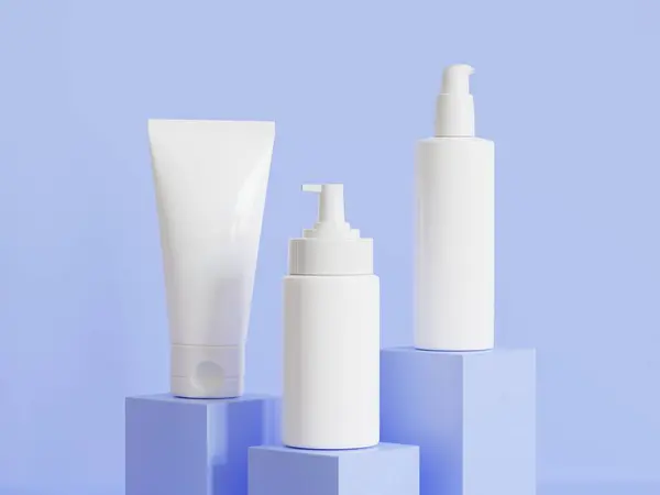 Realistic cosmetic bottle. Beauty product container set, plastic bottle illustration blank. spray bottle, cream tube and jar mockup collection on the podiun 3D. Clear spa hygiene object for label branding