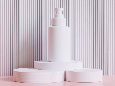 Gerçekçi kozmetik şişesi. Güzellik ürünleri seti, plastik şişe çizimi boş. Podiun 3D 'de sprey şişesi, krem tüpü ve kavanoz modeli koleksiyonu. Etiketleme için spa hijyen nesnesini temizle