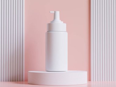 Gerçekçi kozmetik şişesi. Güzellik ürünleri seti, plastik şişe çizimi boş. Podiun 3D 'de sprey şişesi, krem tüpü ve kavanoz modeli koleksiyonu. Etiketleme için spa hijyen nesnesini temizle