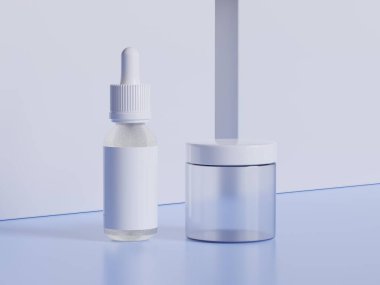 Realistic cosmetic packaging, Beauty product container set, plastic bottle illustration blank. spray bottle, cream tube and jar mockup collection on the podium 3D. Clear spa hygiene object